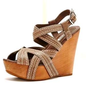 Miu Miu taupe stitch leather wooden platform wedge